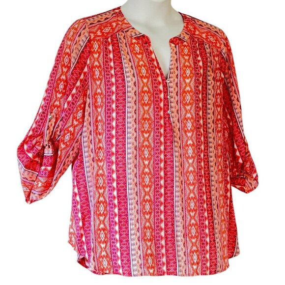 Kim Rogers Curvy BOHO Tunic Pink and Cantaloupe Aztec Print Gauze Women's 2X - Picture 1 of 6